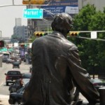 Seated Lincoln Statue looking eastward to Downtown Newark